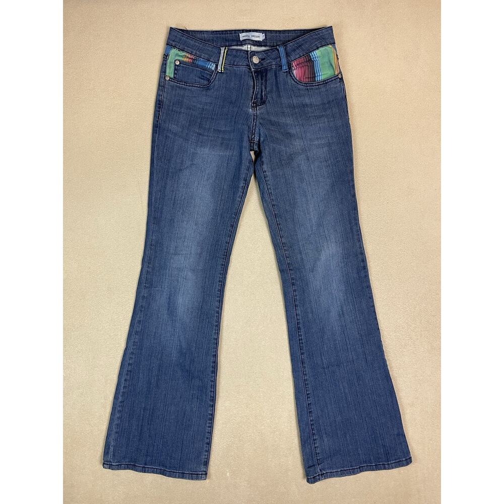 Ranch Dressn Jeans Womens 4 Blue Flare Leg Mid Rise Stretch Patch Design Regular